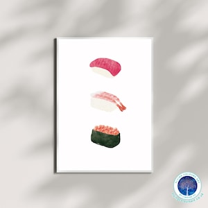 Trois sushis - poisson cru japonais, cuisine traditionnelle, riz, thon, crevettes, saumon, œufs, art mural rêveur, impression d'affiches, carte, décoration d'intérieur, par Lingyee Fu