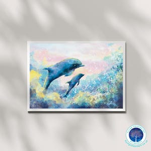Partez en voyage - dauphins de mer mère fils père fille nager art mural rêveur impression affiche carte décoration d'intérieur par Lingyee Fu