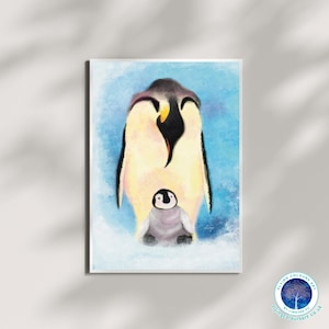 Manchot empereur mère père fils fille famille amour soin nature Antarctique rêveur art mural impression affiche carte décoration d'intérieur par Lingyee Fu