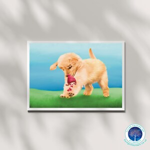 Speeltijd met golden retrieverpuppy - perfect cadeau voor hondenliefhebbers Dromerige muurkunst posterkaart woondecoratie door Lingyee Fu