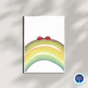 Coup de foudre - Coccinelles, feuilles arc-en-ciel, amour pour toujours, couple rêveur, impression d'art mural, affiche, carte, décoration d'intérieur, par Lingyee Fu