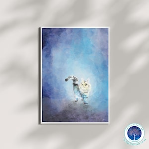 Un chat solitaire - Exploration du monde curieux bleu Napoléon American Shorthair rêveur art mural impression affiche carte décoration d'intérieur par Lingyee Fu