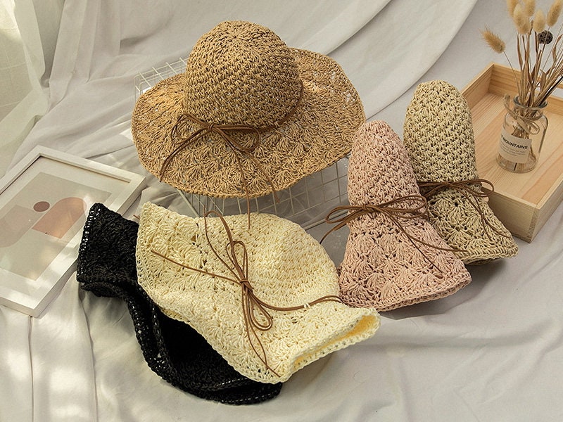 French Straw Bonnet Cap for Women Victorian Sun Hat Chin Strap Foldable