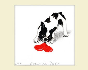 Artwork French bulldog with heart, original painting by Coco de Paris