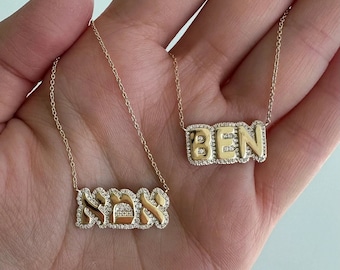 Custom Bubble Name Necklace, Diamond Name Necklace, Pave Outline Name Necklace, Perfect Gift for Her, Personalized Gift