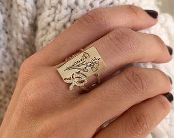 Handmade Custom Shining Birth Flower Letter Ring, Birth Flower Ring with Initial, Gold Floral Signet Ring, Gifts For Her