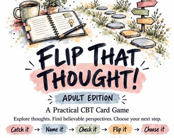 May include: A card game titled Flip That Thought! Adult Edition, A Practical CBT Card Game. The cover features a watercolor illustration of a coffee mug, a notebook, a pen, and a path with signposts. Text includes Catch it, Name it, Check it, Flip it, Choose it, 59 pages, 212 cards, 12 custom blanks, and Therapy Courses.