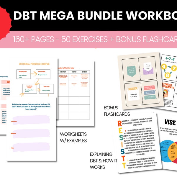 DBT Worksheets + 2 flashcard packs (bonus): DBT therapy workbook, DBT skills, dbt techniques, dbt modules, therapy tools