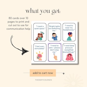 May include: A set of 80 communication cards featuring illustrations and phrases for individuals with sensory processing needs. The cards include phrases like "I need a quiet space", "Bright lights are bothering me", "I need to wear my headphones", "I feel over-stimulated", "I need to stim-please don't stop me", and "I need deep pressure (weighted blanket/hug)".