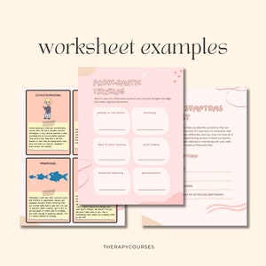 May include: A worksheet with examples of problematic thinking patterns, including catastrophizing, minimizing, jumping to conclusions, black and white thinking, mind reading, emotional reasoning, and personalization. The worksheet also includes a list of symptoms that may be associated with anxiety.