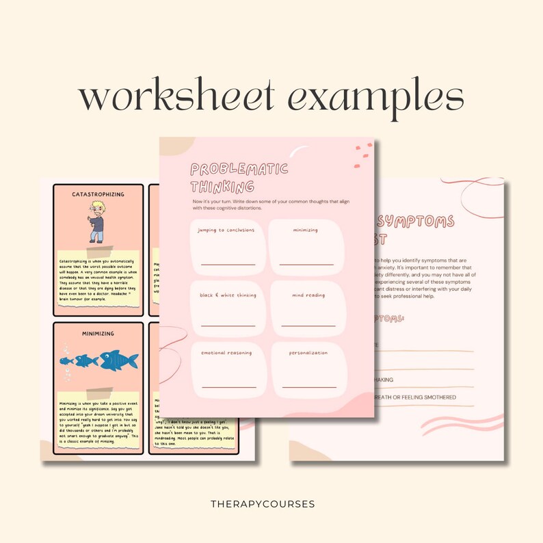 May include: A worksheet with examples of problematic thinking patterns, including catastrophizing, minimizing, jumping to conclusions, black and white thinking, mind reading, emotional reasoning, and personalization. The worksheet also includes a list of symptoms that may be associated with anxiety.