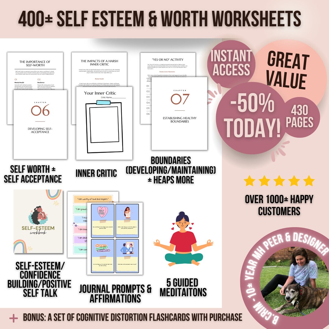 400 Self Esteem Self Worth Worksheets Bundle Growth Mindset, Self Love