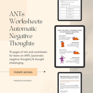 Könnte beinhalten: Ein digitaler Download für ein Arbeitsblattpaket für Teenager zu automatischen negativen Gedanken, auch bekannt als ANTs. Das Arbeitsblattpaket enthält 10 Seiten mit Informationen und Aktivitäten, die Teenagern helfen, negative Gedanken in Frage zu stellen. Das Bild zeigt ein farbenfrohes Arbeitsblatt mit Comic-Ameisen, die verschiedene Arten von negativen Gedanken repräsentieren. Der Text "Meet the ANTs: Common Types of Automatic Negative Thoughts" ist oben auf dem Arbeitsblatt sichtbar.