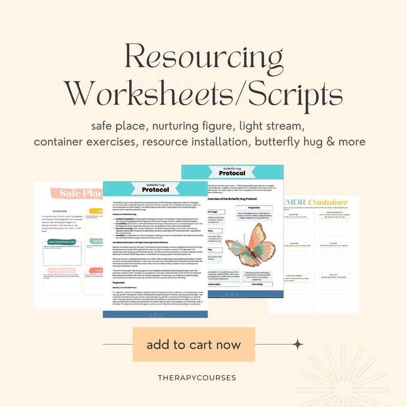 May include: A set of three printable worksheets for therapy, featuring a safe place, butterfly hug protocol, and EMDR container exercises. The worksheets are in a light blue and pink color scheme with a butterfly illustration.