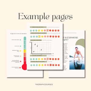 May include: A set of printable worksheets for therapy, featuring a thermometer with a red, orange, yellow, and green scale labeled "Subjective Units of Distress" and a graph with a grid labeled "Distress Tracking". The text "What is Exposure Therapy?" is also visible.