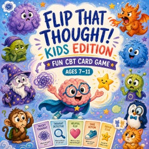May include: A card game box titled Flip That Thought! Kids Edition, featuring a central brain character in glasses and a cape, surrounded by colorful cartoon creatures like a dragon, wizard, and monkey, with five game cards displayed at the bottom.