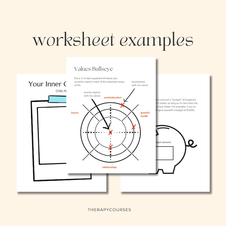 May include: A worksheet with three sections. The first section is titled "Your Inner Critic" and has a blank space for writing. The second section is titled "Values Bullseye" and has a target with four quadrants labeled "leisure", "work/education", "relationships", and "growth/health". The third section is titled "Budget" and has a piggy bank with a blank space for writing.