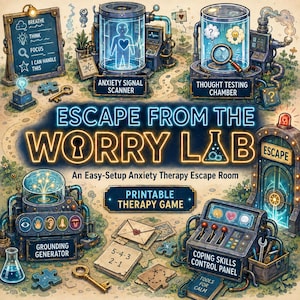 May include: A printable therapy game titled Escape From The Worry Lab, featuring illustrated laboratory equipment like an Anxiety Signal Scanner, Thought Testing Chamber, Grounding Generator, and Coping Skills Control Panel, with puzzle pieces and keys.