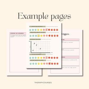 May include: Two pages from a therapy workbook with the title "Example Pages". The first page has the title "Recording Your Experiences" and includes a section for "Post-Exposure Notes". The second page has the title "Triggers" and includes sections for "Thoughts you experience" and "Situations that tend to increase your OCD".