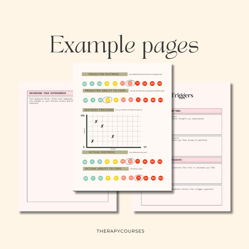 May include: Two pages from a therapy workbook with the title "Example Pages". The first page has the title "Recording Your Experiences" and includes a section for "Post-Exposure Notes". The second page has the title "Triggers" and includes sections for "Thoughts you experience" and "Situations that tend to increase your OCD".