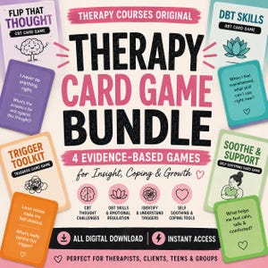 Op de afbeelding: Een therapie-kaartspelbundel met vier evidence-based spellen, waaronder Flip That Thought, DBT Skills, Trigger Toolkit en Soothe & Support. De set bevat digitale downloadkaarten met tekst, iconen en prompts voor inzicht, coping en groei.