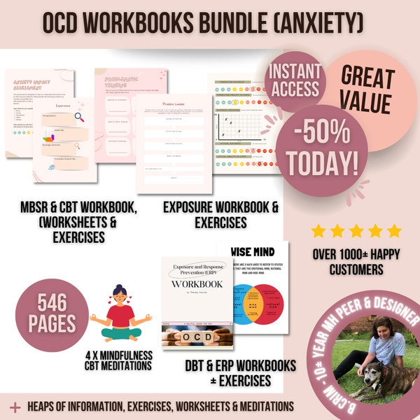 OCD Worksheets Bundle - Anxiety Workbook for OCD, Exposure Therapy, ERP Worksheets, cbt worksheets, Mental Health Workbook, Therapy Tools