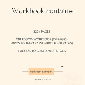 May include: A digital workbook containing over 220 pages of content, including a CBT ebook and workbook with 151 pages, an exposure therapy workbook with 60 pages, and access to guided meditations. The text "worksheet examples" is displayed on a button.