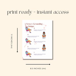 May include: Printable 5 Senses Grounding Technique poster with a calming color scheme. The poster features a cartoon person sitting in a chair with a thought bubble above their head. The poster is 8.5 inches by 11 inches.