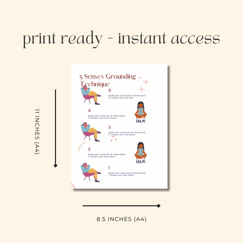 May include: Printable 5 Senses Grounding Technique poster with a calming color scheme. The poster features a cartoon person sitting in a chair with a thought bubble above their head. The poster is 8.5 inches by 11 inches.
