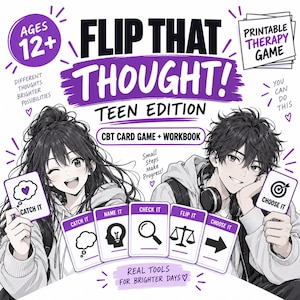 Könnte beinhalten: Ein KVT-Kartenspiel und Arbeitsbuch mit dem Titel Flip That Thought! Teen Edition, das Anime-Illustrationen von zwei Jugendlichen zeigt, die Karten halten. Das Spiel enthält Karten mit den Aufschriften Catch It, Name It, Check It, Flip It und Choose It.