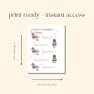 May include: Printable 8.5 x 11 inch (A4) poster with the text "5 Senses Grounding Technique." The poster features illustrations of people and the word "CALM." The poster is designed to help with mindfulness and grounding techniques.