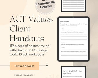 ACT Values Worksheets: Therapy Tools, Exercises, Resources, Acceptance Commitment Counselling Handouts (PDF)