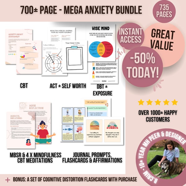 700+ Anxiety Worksheets, Anxiety Relief Workbook, Log, CBT, Therapy Tools, Mindfulness Meditation, ACT, Exposure Therapy, Self-Love Work