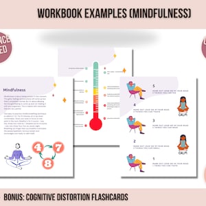Op de afbeelding: Een werkboek met voorbeelden van mindfulness-oefeningen. Het werkboek bevat een thermometer met verschillende niveaus van mindfulness, een diagram met de nummers 4, 7 en 8, en een lijst met vijf stappen om te kalmeren. Het werkboek bevat ook de tekst "WORKBOOK EXAMPLES (MINDFULNESS)", "EVIDENCE BASED", "CUTTING EDGE", "INSTANT ACCESS 24/7" en "BONUS: COGNITIVE DISTORTION FLASHCARDS".