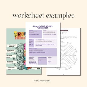 May include: A worksheet with the title "Challenging Beliefs Worksheet" and a section titled "Wheel of Life". The worksheet includes sections for identifying challenging thoughts, problematic patterns, and alternative thoughts. The "Wheel of Life" is a circular diagram with categories such as health, friends, and relationships.