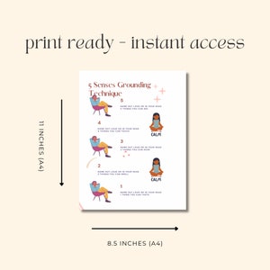 May include: Printable 5 Senses Grounding Technique poster with a calming color scheme. The poster features a cartoon person sitting in a chair with a thought bubble above their head. The poster is 8.5 inches by 11 inches.