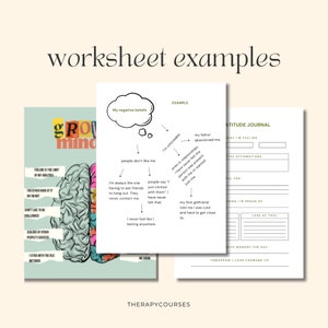 May include: A worksheet with a brain graphic and a thought bubble with the text "My negative beliefs". The worksheet is titled "Growth Mindset" and includes a list of negative thoughts. The second worksheet is titled "Gratitude Journal" and includes prompts for daily reflection.