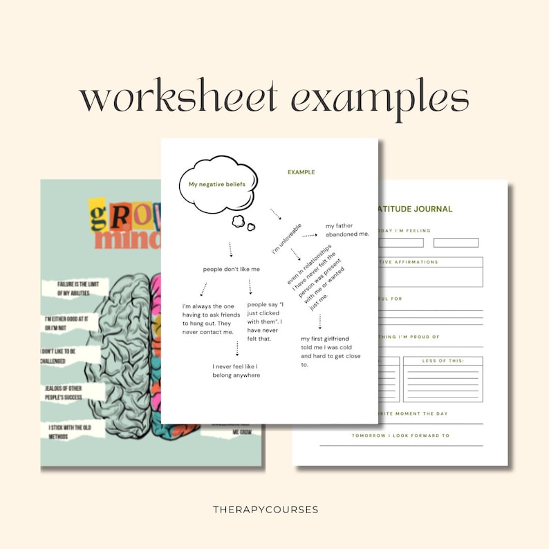 May include: A worksheet with a brain graphic and a thought bubble with the text "My negative beliefs". The worksheet is titled "Growth Mindset" and includes a list of negative thoughts. The second worksheet is titled "Gratitude Journal" and includes prompts for daily reflection.