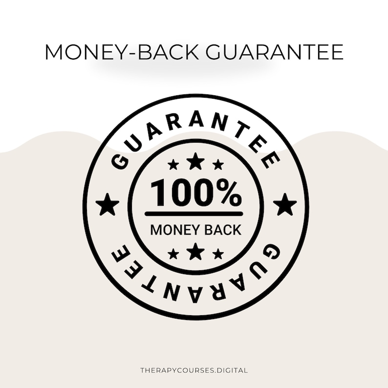 May include: Black and white 100% money-back guarantee seal with five stars and the text "Guarantee" around the outside.