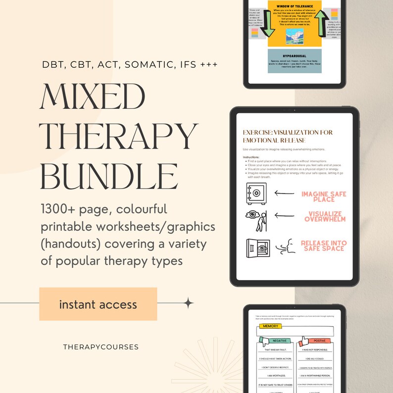 May include: A digital download of a mixed therapy bundle with over 1300 pages of printable worksheets and graphics. The bundle covers a variety of popular therapy types, including DBT, CBT, ACT, Somatic, and IFS. The image shows a colorful graphic with the text "Mixed Therapy Bundle" and a preview of a worksheet with a visualization exercise for emotional release.