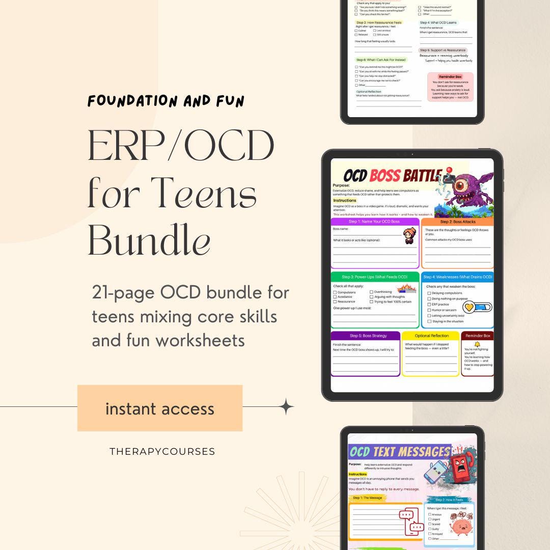 ERP Worksheets for Teens: Fun/engaging OCD Tools, Adolescent Therapy ...
