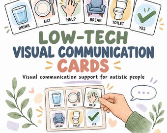 May include: A set of low-tech visual communication cards featuring illustrations of a glass, plate, hand, chair, toilet, and checkmark. Each card includes text labels like DRINK, EAT, HELP, BREAK, TOILET, and YES. The cards are displayed individually and within a grid board.