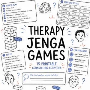 Op de afbeelding: Een printbare handleiding voor een Jenga-therapiespel met instructies, emotielijsten en spelvariaties. De tekst bevat 'Therapy Jenga Games', '15 Printable Counselling Activities', 'How to Play', 'Set Up', 'Emotions to Use' en 'Fun Variations'.