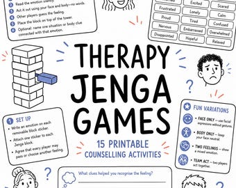 Therapy Games with Jenga: 15 Therapy Based Jenga Games - Emotions, Feelings, Coping Skills Adult + Teen (Printable PDF)