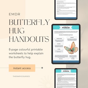 May include: A digital download of printable worksheets for EMDR therapy. The worksheets are colorful and feature a butterfly graphic. The title of the product is "Butterfly Hug Handouts".