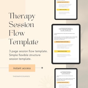 Puede incluir: Una descarga digital para una plantilla de flujo de sesión de terapia. La plantilla está diseñada para ayudar a los terapeutas a aportar claridad e intención a sus sesiones. La plantilla incluye secciones para la apertura y el registro, el enfoque de la sesión y el cierre. El texto de la plantilla dice "The Therapy Session Flow Template".
