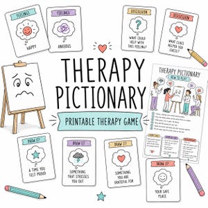 May include: A Therapy Pictionary printable game set featuring cards with prompts like Feelings, Discussion, and Draw It. Includes a wooden easel illustration, a how-to-play instruction sheet, and coloured pencils. The text reads Therapy Pictionary.