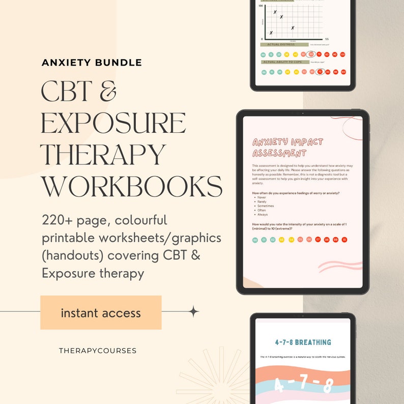 May include: A digital product bundle for anxiety therapy. The cover features a pink and white design with the text "Anxiety Bundle, CBT & Exposure Therapy Workbooks, 220+ page, colourful printable worksheets/graphics (handouts) covering CBT & Exposure therapy, instant access, THERAPYCOURSES". The image also shows a preview of some of the worksheets, including an "Anxiety Impact Assessment" and a "4-7-8 Breathing" exercise.