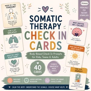 May include: A set of 40 Somatic Therapy Check In Cards featuring colorful illustrations and prompts for body awareness. The cards include text such as Where Do I Feel Tension, How Is My Breath, What Do I Need Right Now, What Emotion Am I Feeling, and How Is My Energy.
