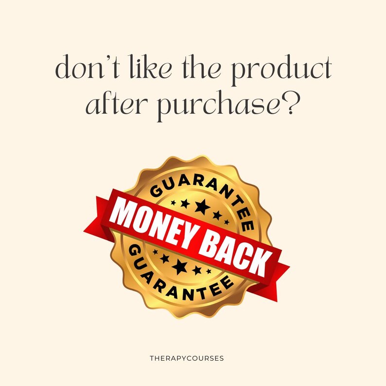 May include: A gold-colored badge with the words "MONEY BACK GUARANTEE" on a red ribbon. The badge is surrounded by the words "GUARANTEE" and has black stars. The text "don't like the product after purchase?" is at the top.